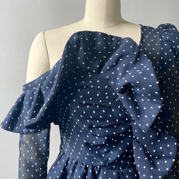 COPY - Self Portrait One Shoulder Dotted Navy Plumetis Frill Top Blue Size 2 - Picture 8 of 10